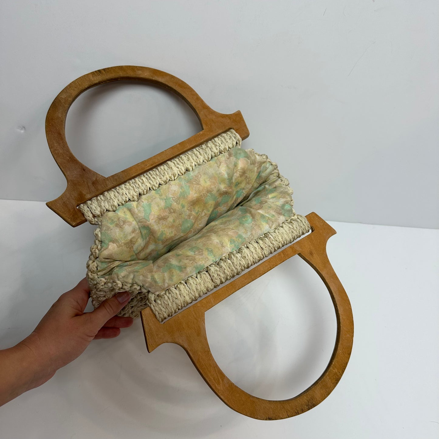 Vintage 70s Macrame Purse Wooden Top Handle Bag