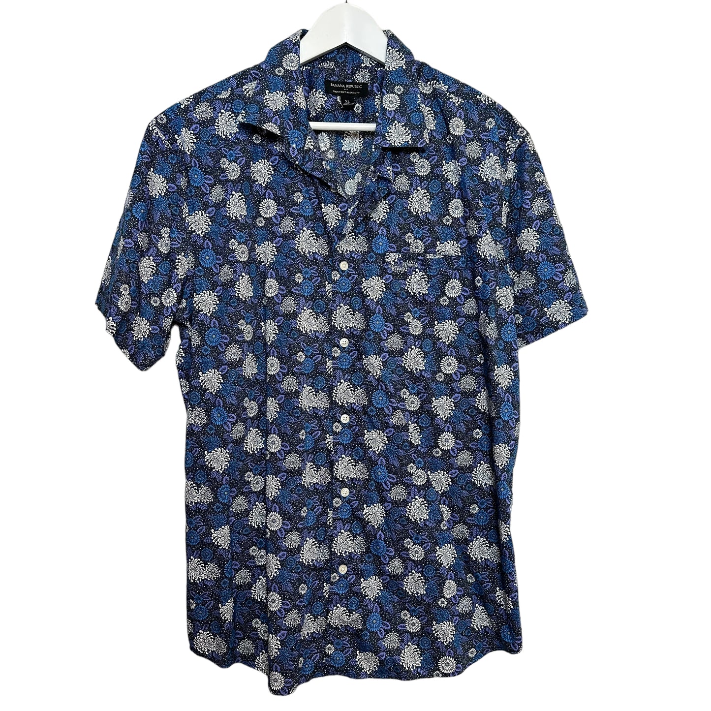 Banana Republic Floral Short Sleeve Button Down Shirt Blue White XL
