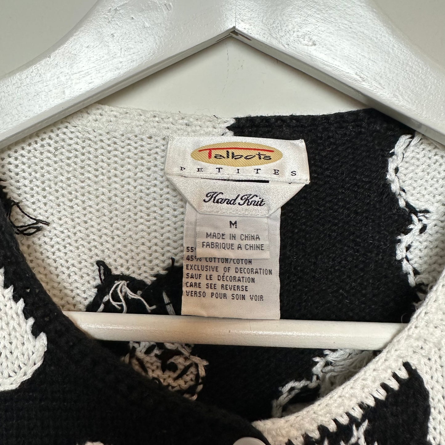 Vintage 90s Talbots Black and White Floral Color Block Cardigan Sweater Hand Knit Medium