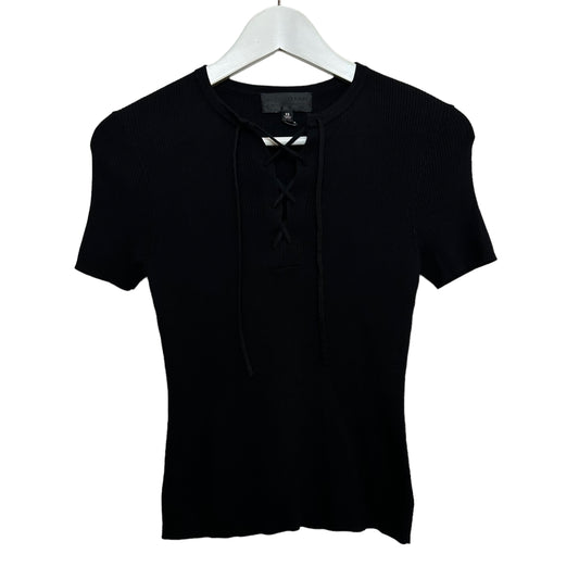 Nili Lotan Wells Lace Up Knitted Top Black Short Sleeve Sweater Ribbed XS