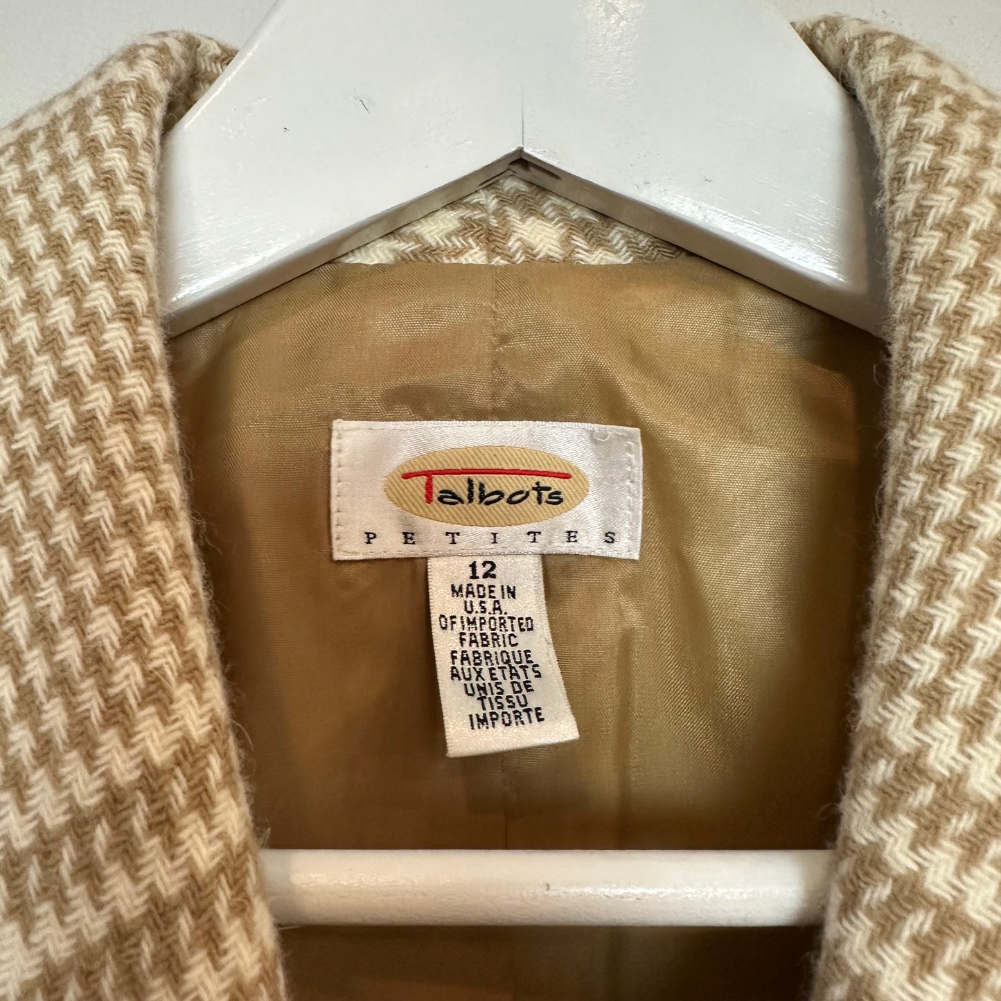 Vintage Talbots Blazer Tan Tweed Cashmere Wool Angora Cropped Plaid 12P
