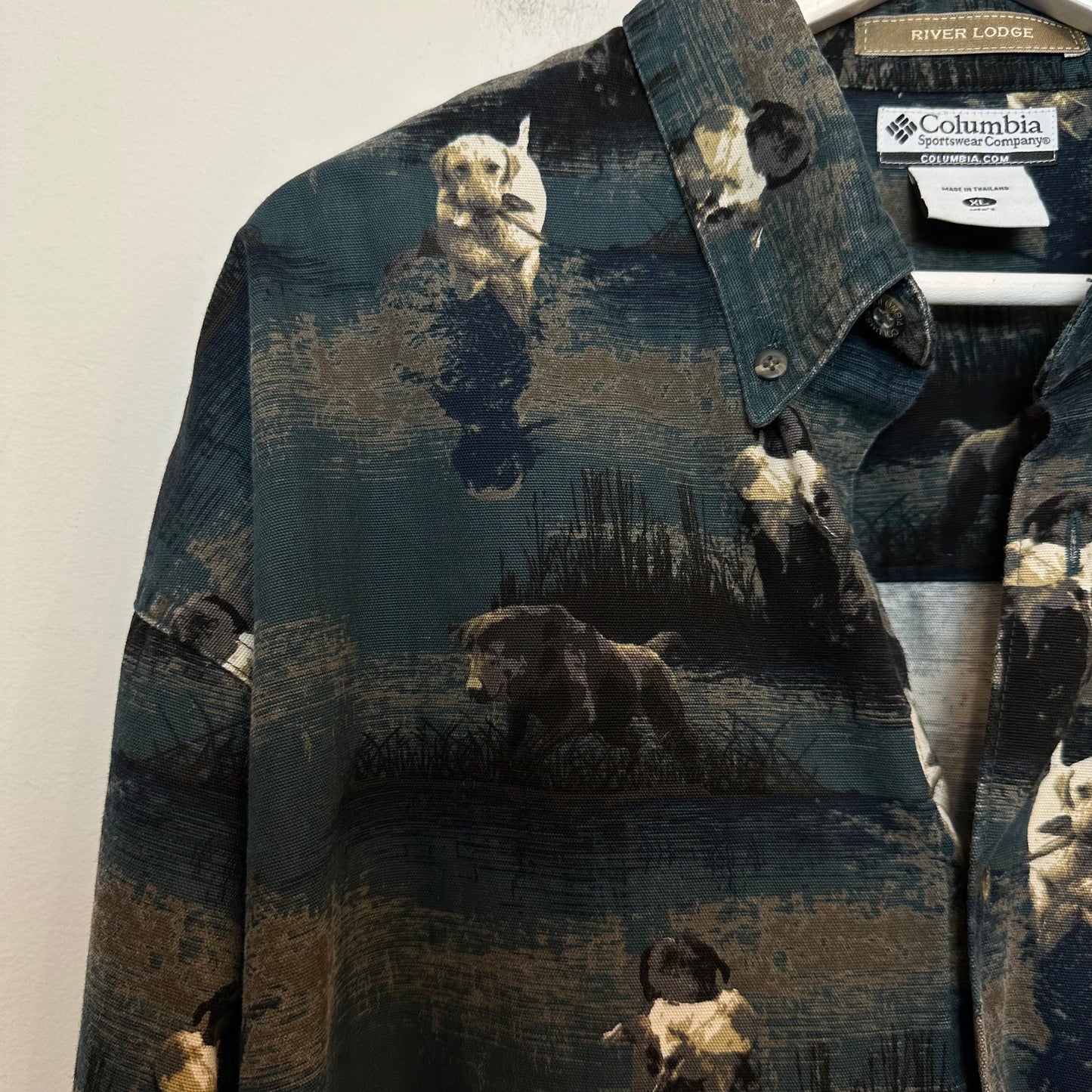 Vintage Columbia River lodge Dogs Hunting Shirt Long Sleeve Button Down XL