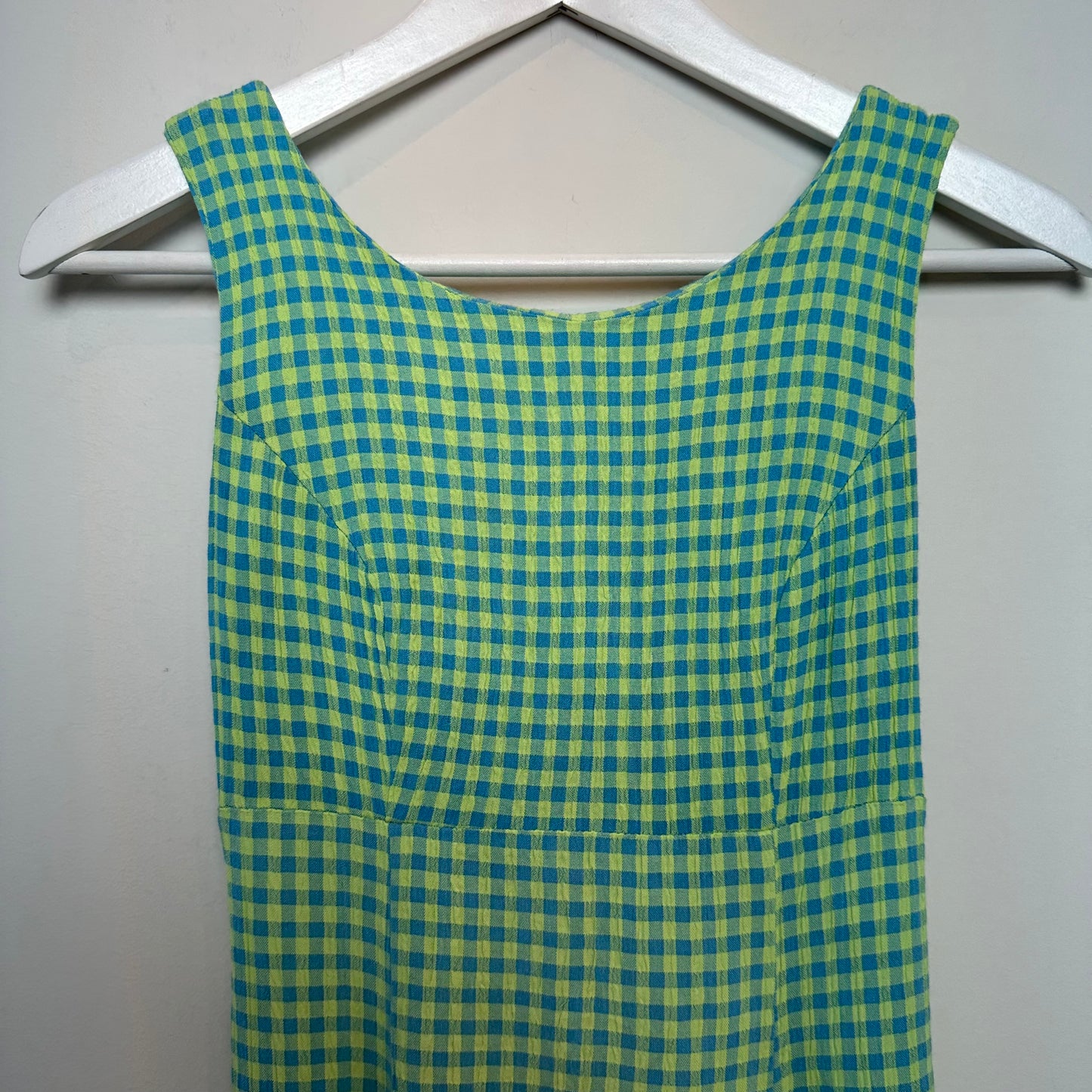Vintage 90s Blondie and Me Lime Green and Blue Gingham Mini Dress Tie Back XS