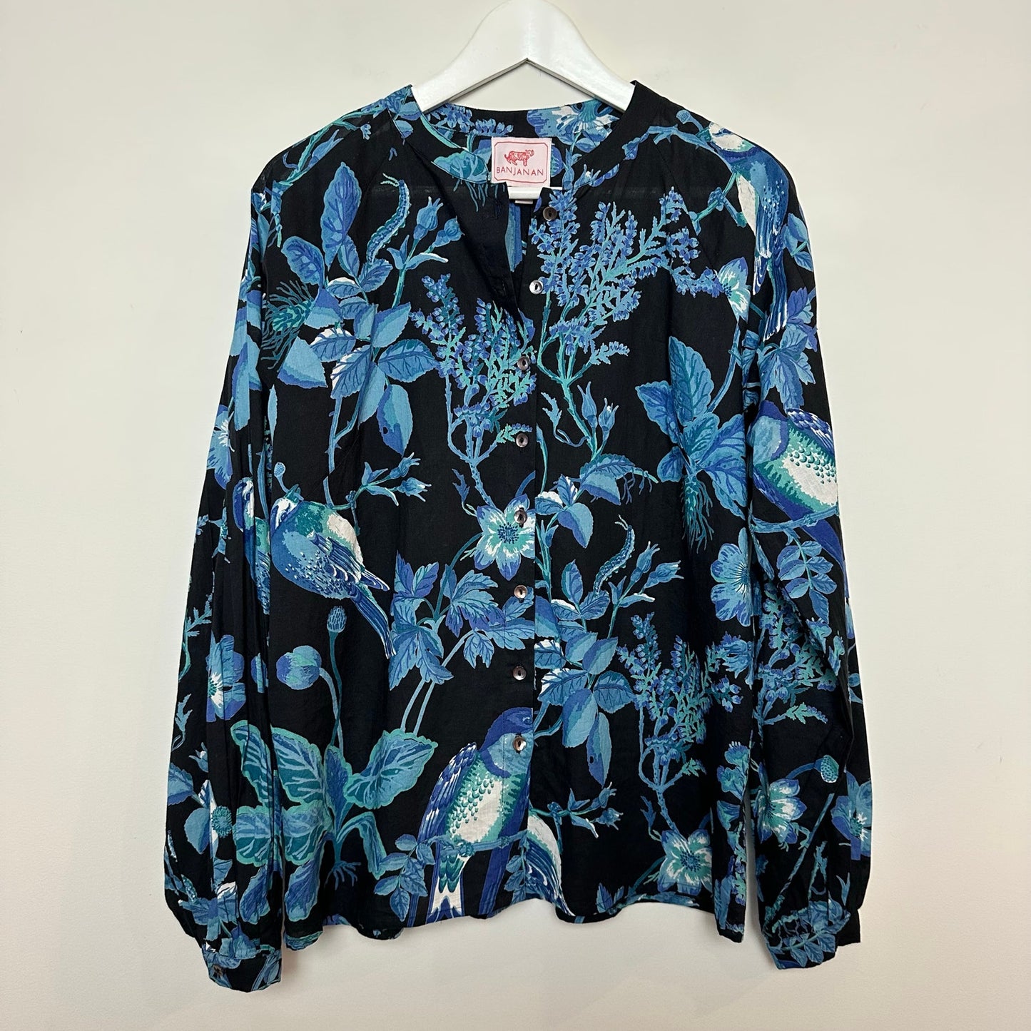 Banjanan Ella Shirt Woden Hedgerow Floral Bird Blouse Long Sleeve Blue Medium