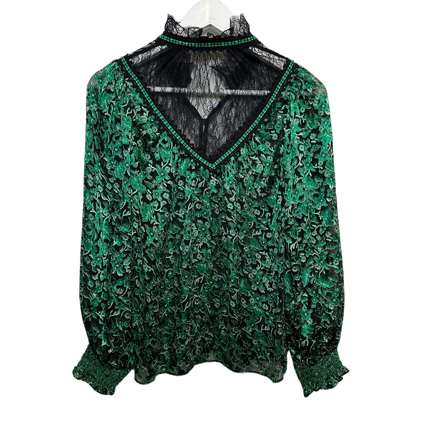 Alice + Olivia Clarice Illusion Yoke Blouse Green Black High Neck Floral Small