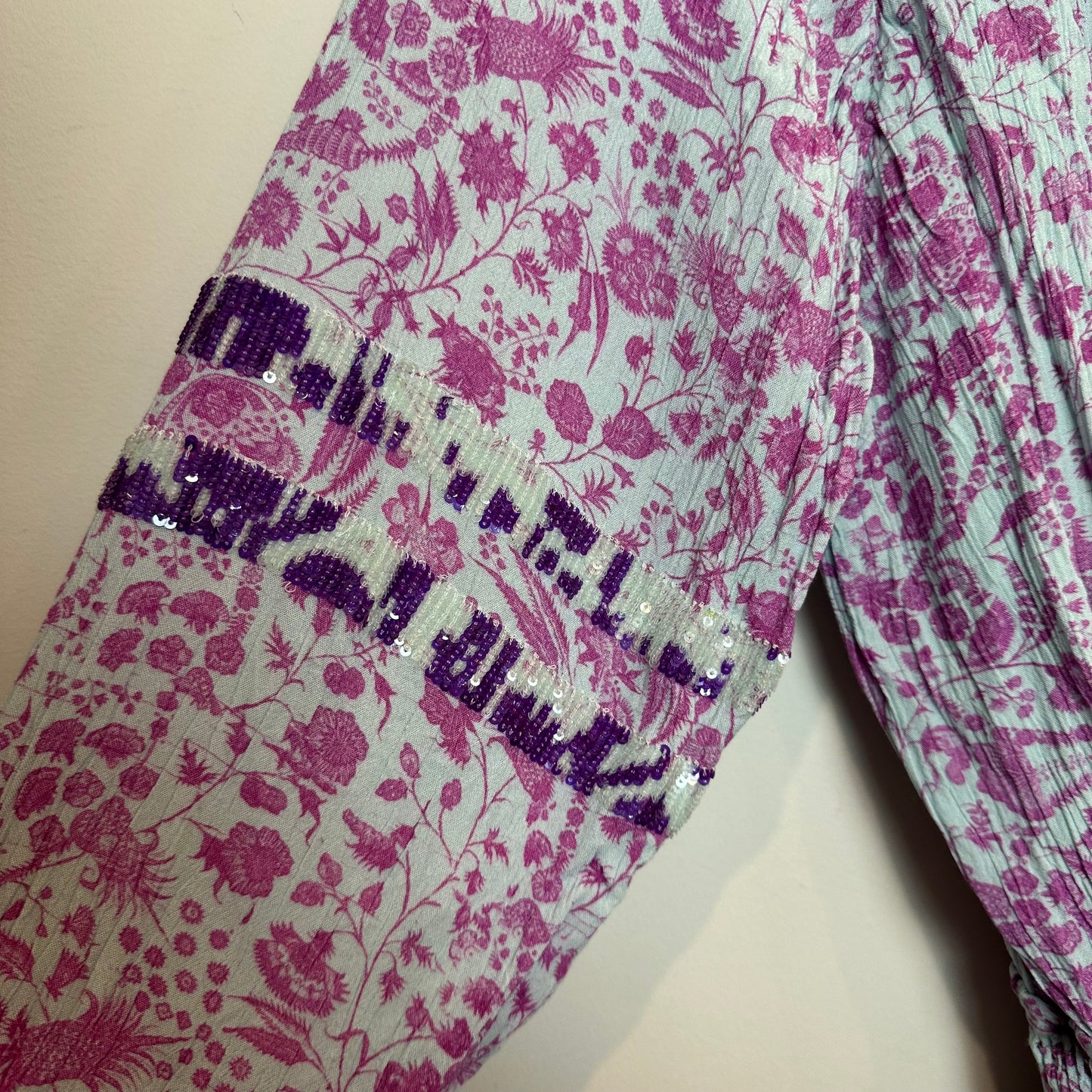 Hemant & Nandita Layla Smocked Waist Mini Dress Purple Sequins Long Sleeve XS