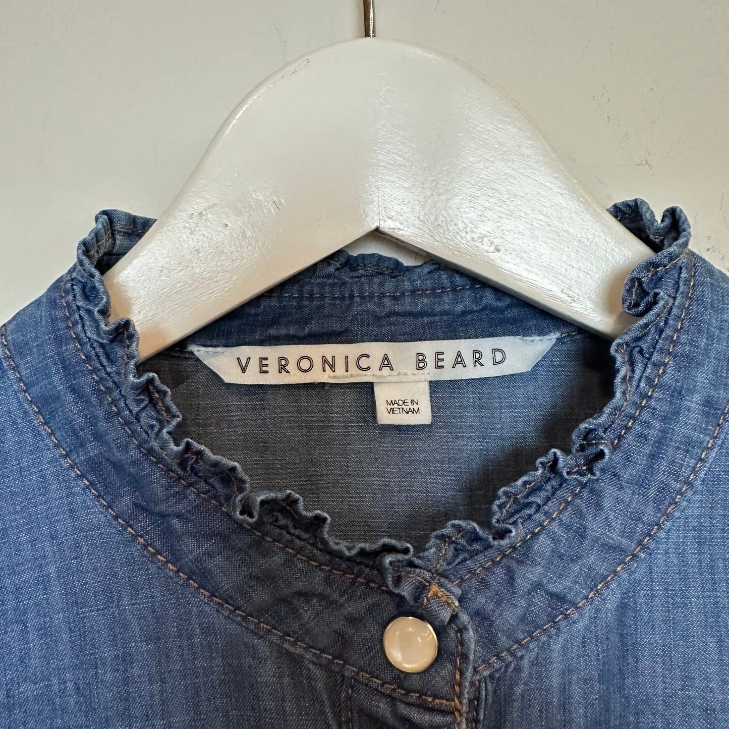 Veronica Beard Tes Chambray Button Down Top Denim Jean Blue Ruffle Western 4
