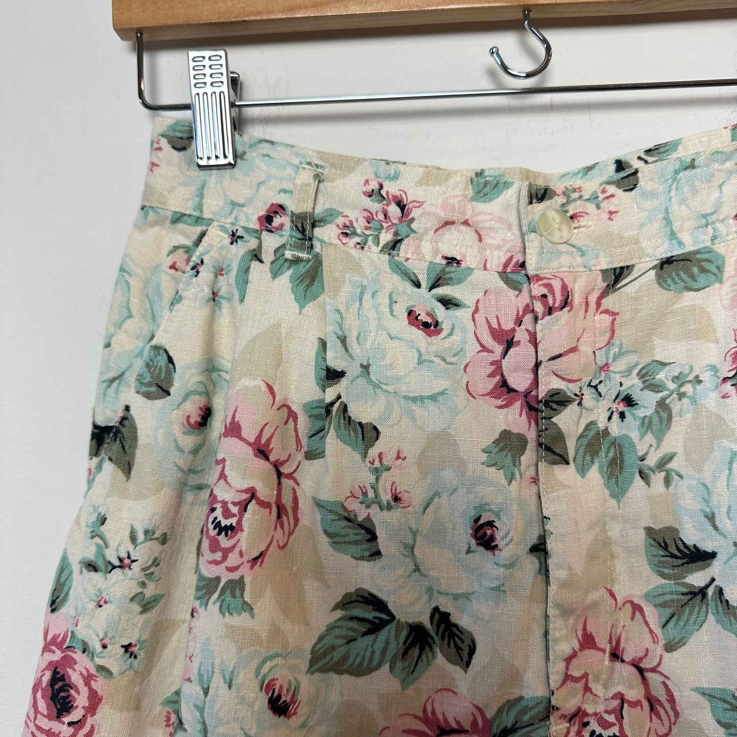 Vintage 80s 90s Leslie Fay Sport High Rise Floral Trouser Long Shorts Cotton Linen 8