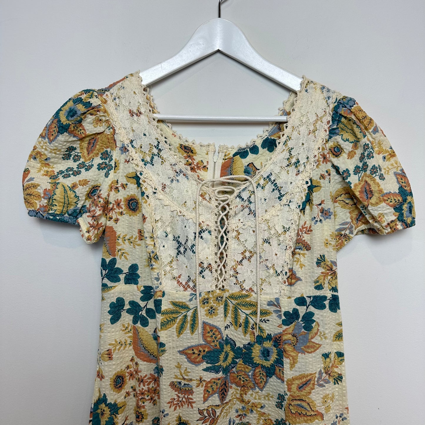 Vintage 70s Oops California Floral Maxi Dress Lace Up Prairie Cottage Medium