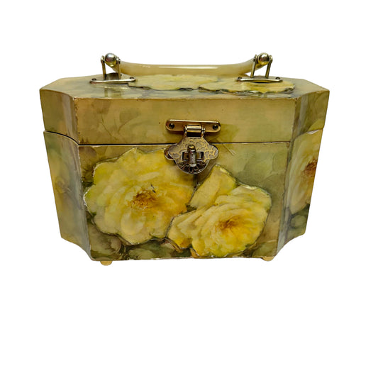 Vintage 70s Wooden Box Bag Yellow Floral Decoupage