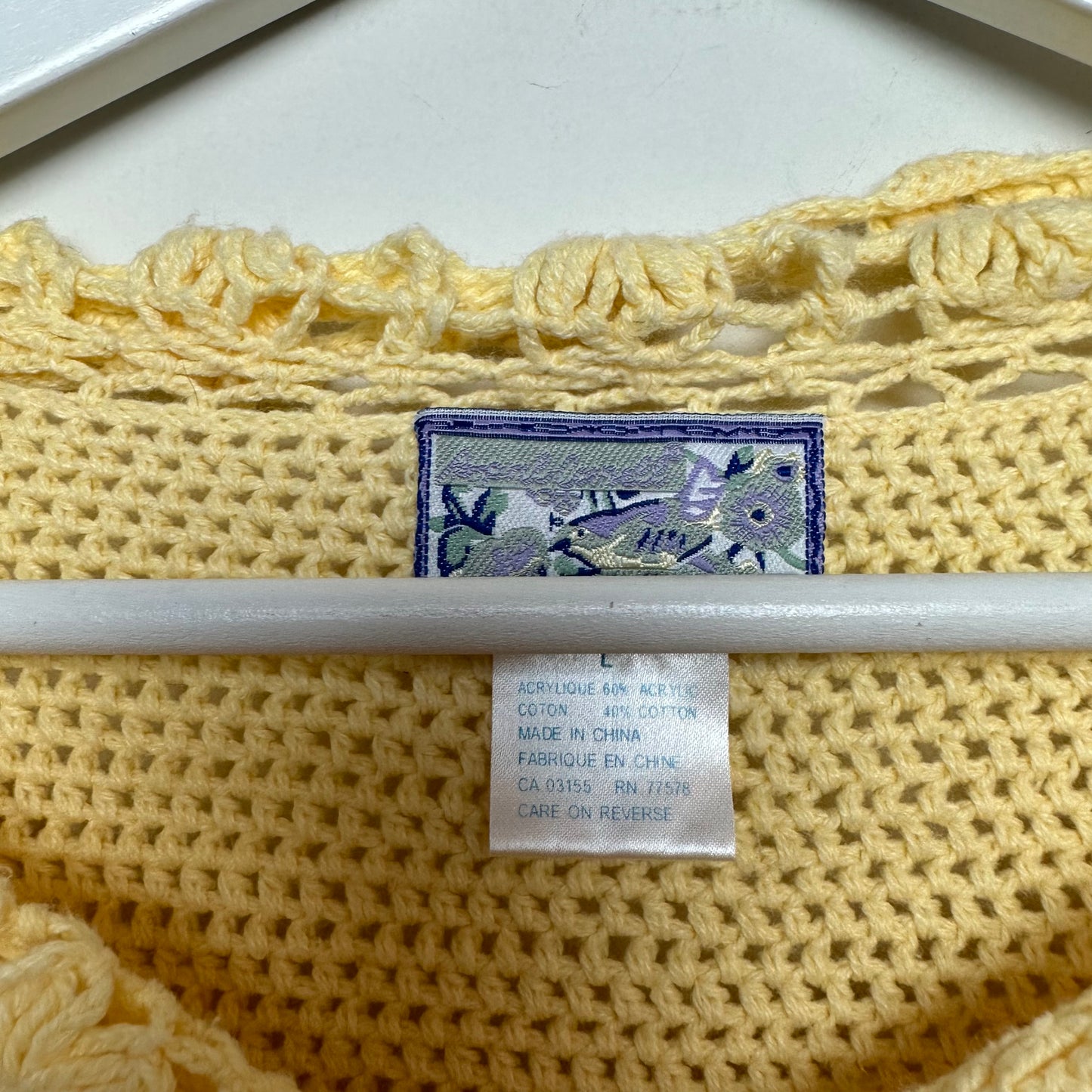 Vintage 90s April Cornell Collared Cardigan Sweater Yellow Crochet Large