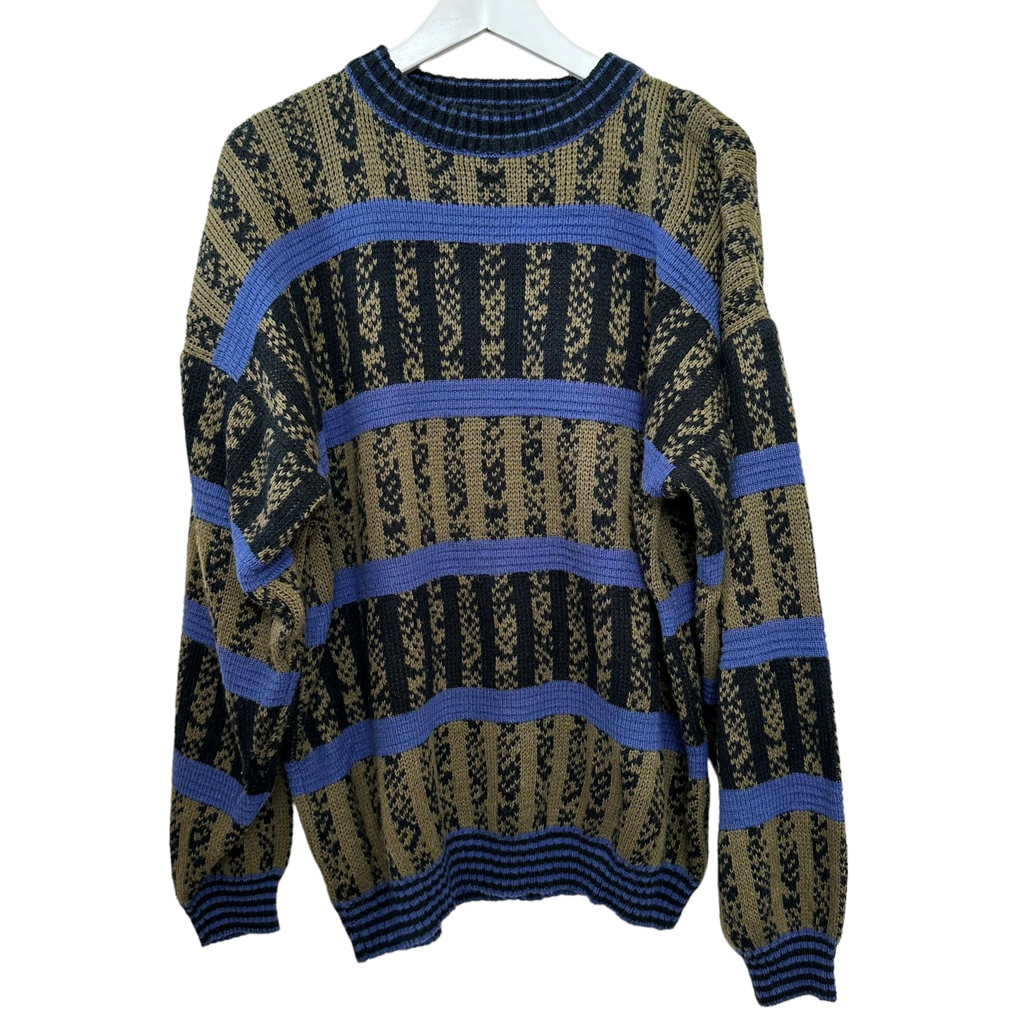 Vintage 90s Zeppelin Chunky Knit Grandpa Sweater Geometric Green Blue Large