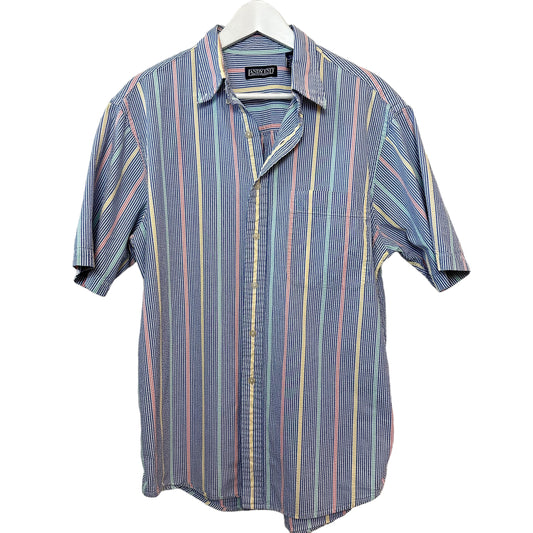 Lands' End Striped Seersucker Shirt Short Sleeve Button Down Collared Medium 15-15 1/2