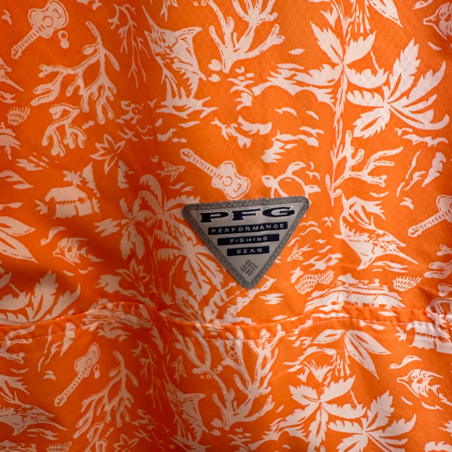 Columbia PFG Sper Slack Tide Camp Shirt Orange Tropical Print Omni - Shade XL