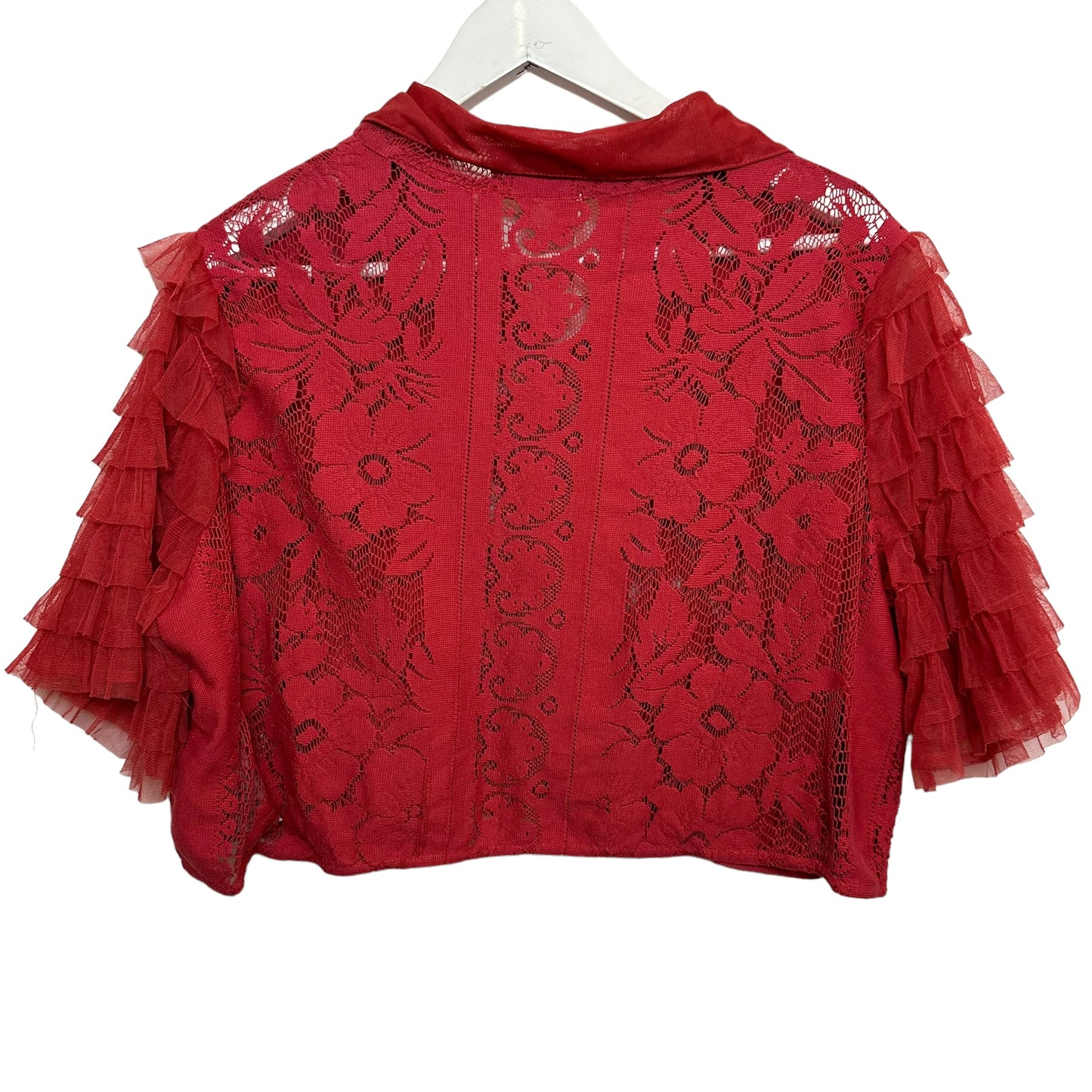Free People Madonna Ruffle Top Short Sleeve Cropped Blouse Lace Tulle XL