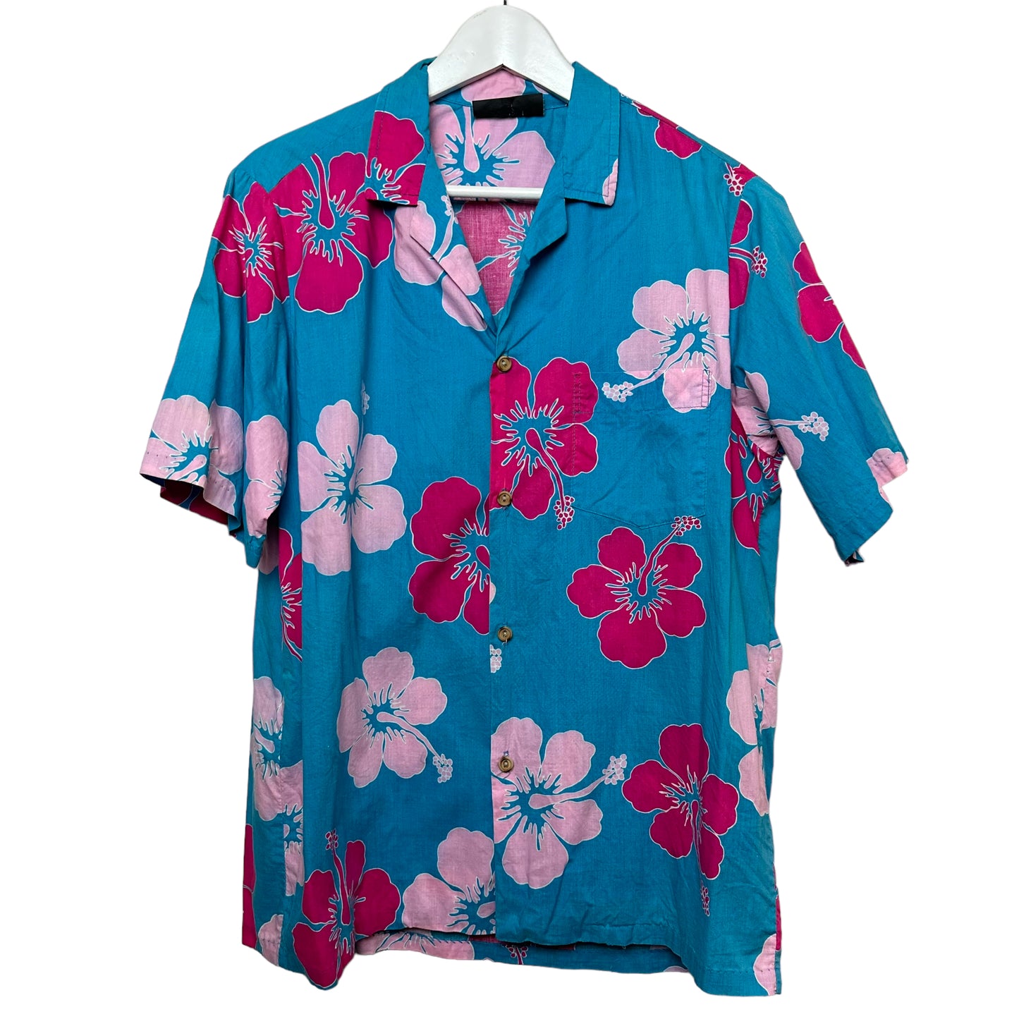 Vintage Resort Line Hawaii Shirt Floral Pink Blue Tropical Short Sleeve Button Up