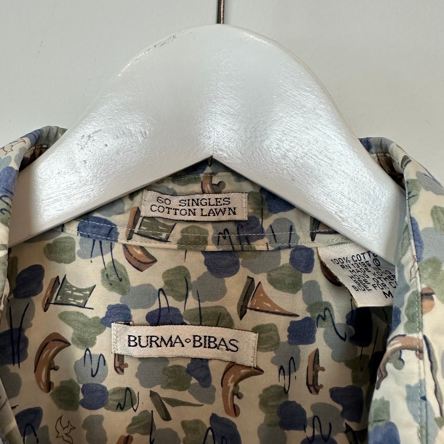 Vintage 90s Burma Bibas Patterned Shirt Short Sleeve Button Down Boating Print Medium