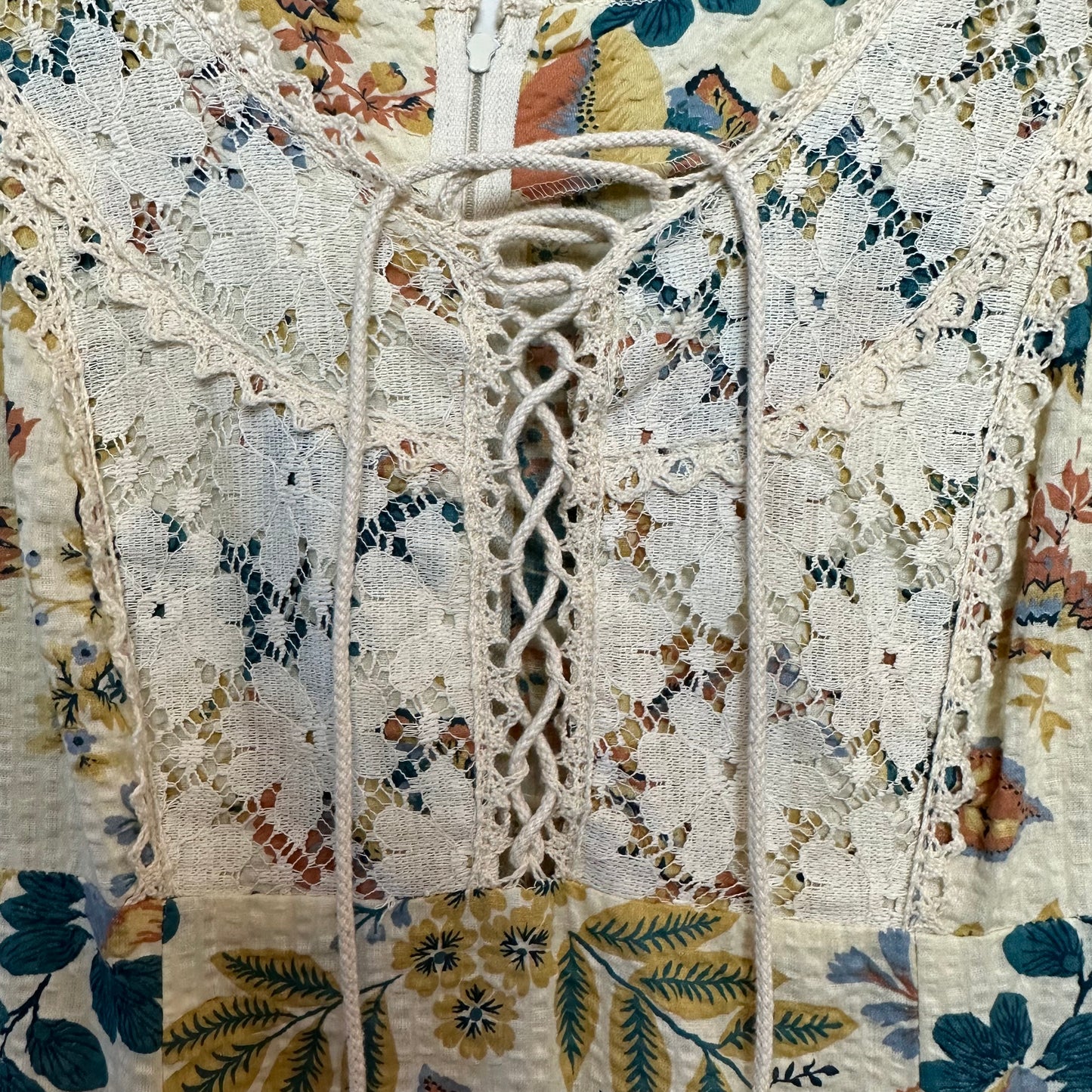 Vintage 70s Oops California Floral Maxi Dress Lace Up Prairie Cottage Medium