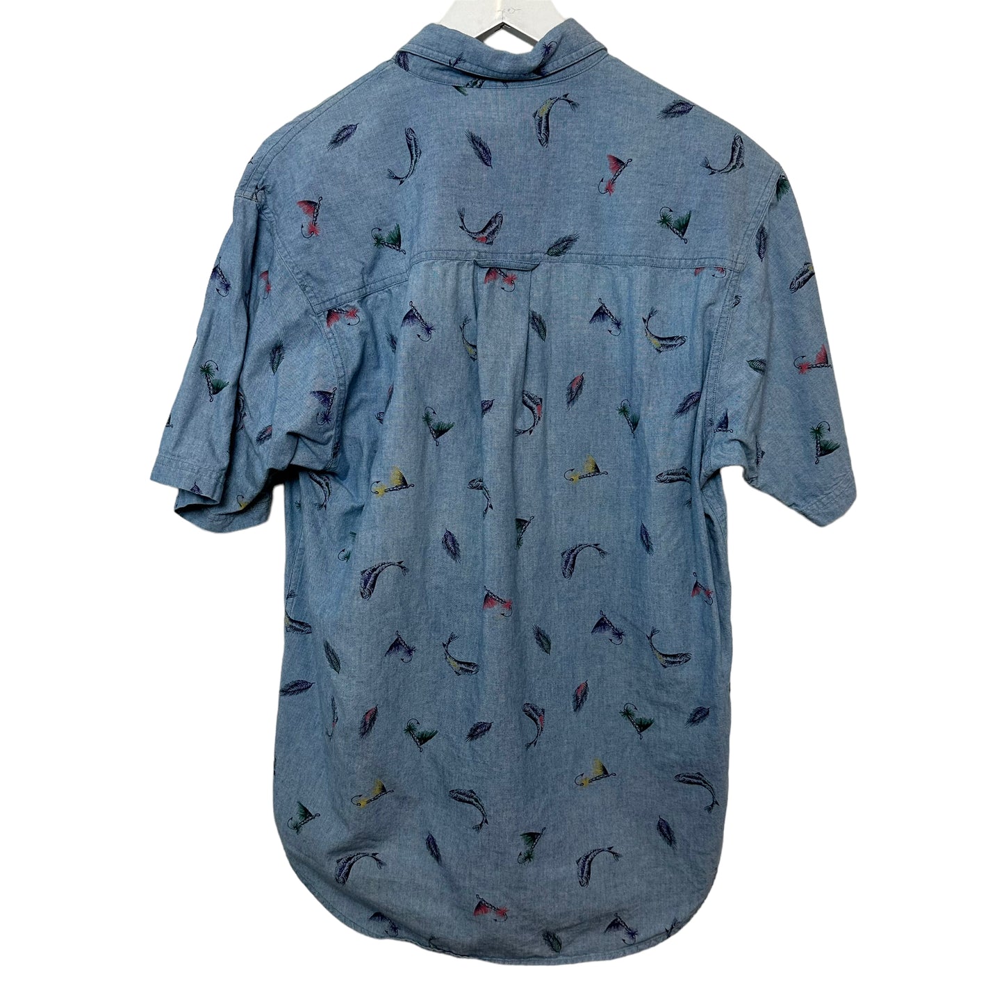 Vintage 90s Eddie Bauer Short Sleeve Button Down Shirt Fishing Print Chambray Small