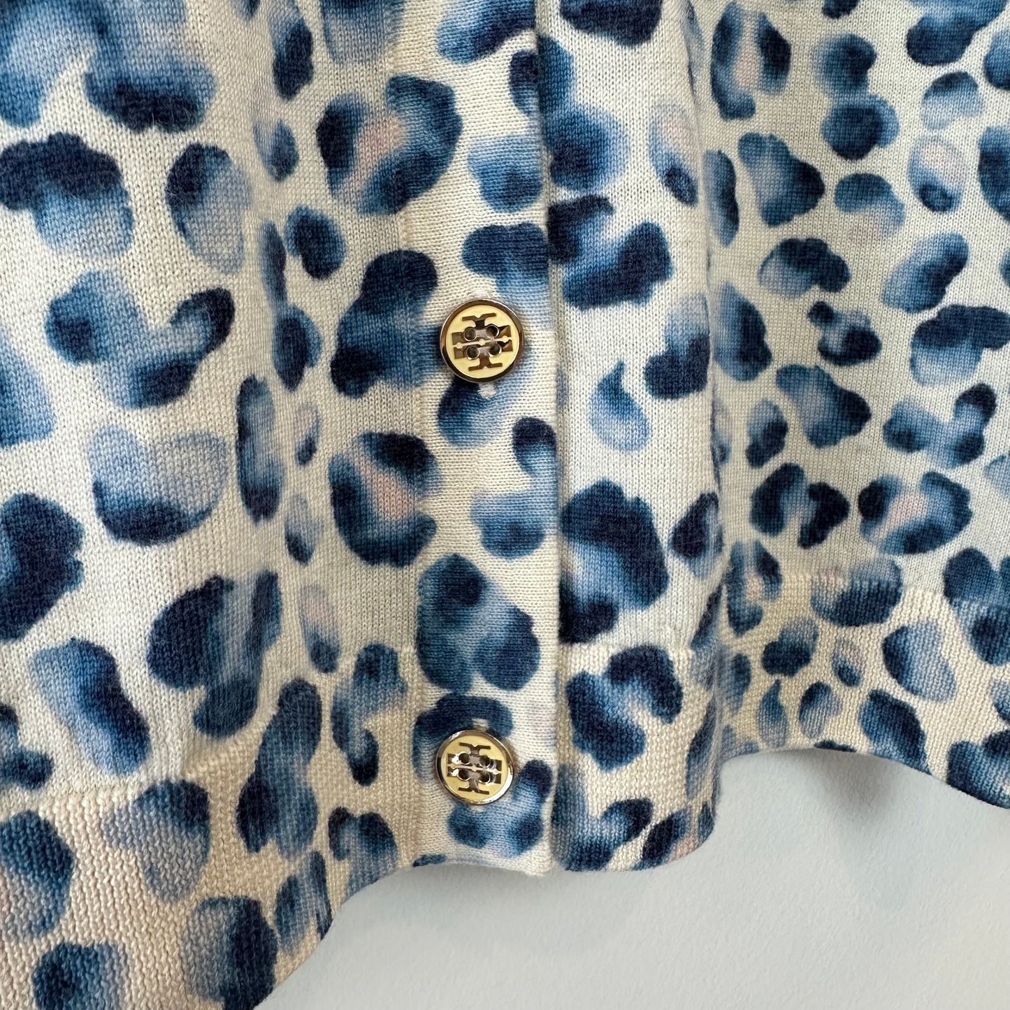 Tory Burch Merino Wool Cardigan Sweater Floral Animal Print Blue Cream XS