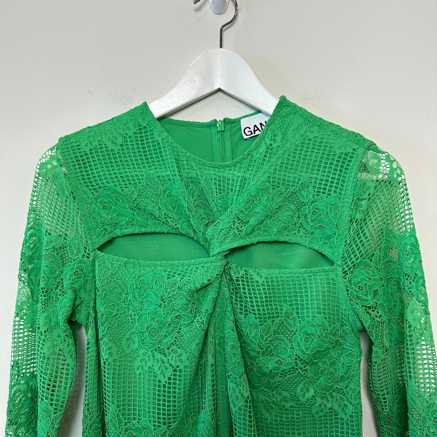 GANNI Green Cutout Twisted Lace Midi Dress Long Sleeve 36
