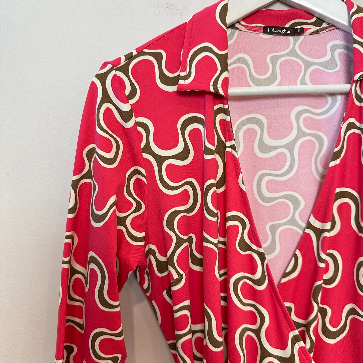J. McLaughlin Lila Shirt Collar Wrap Dress Pink Brown Geometric Pattern Small
