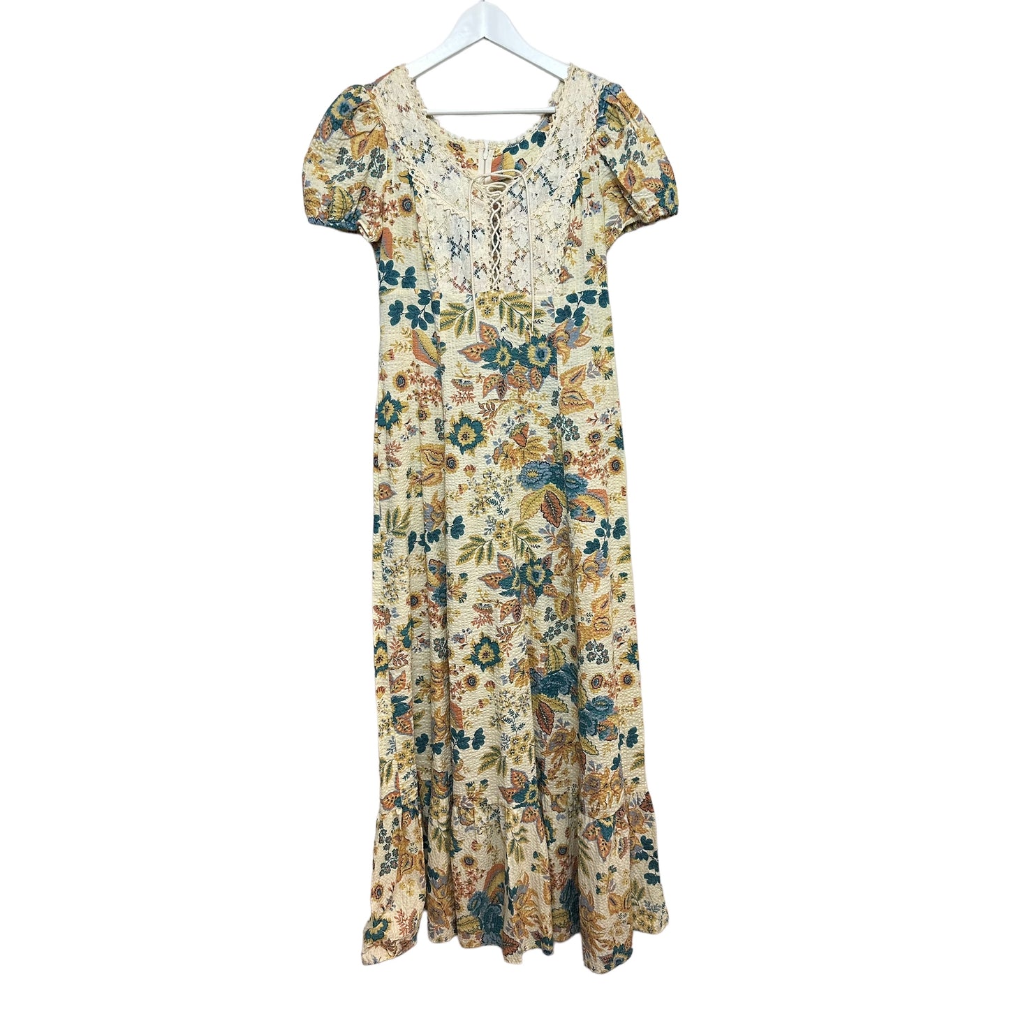 Vintage 70s Oops California Floral Maxi Dress Lace Up Prairie Cottage Medium