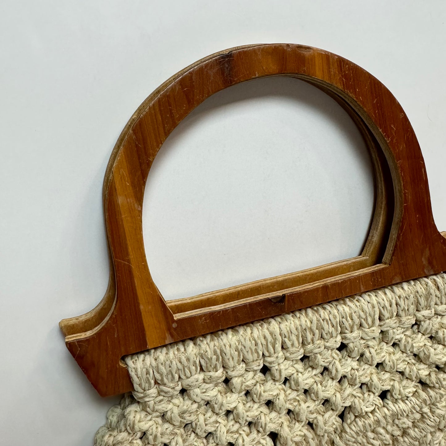 Vintage 70s Macrame Purse Wooden Top Handle Bag