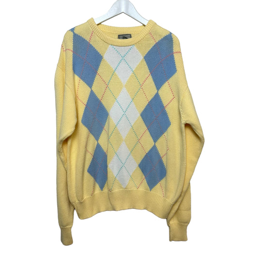 Vintage 80s Christopher Hayes Chunky Knit Argyle Grandpa Sweater Pastel Cotton XL