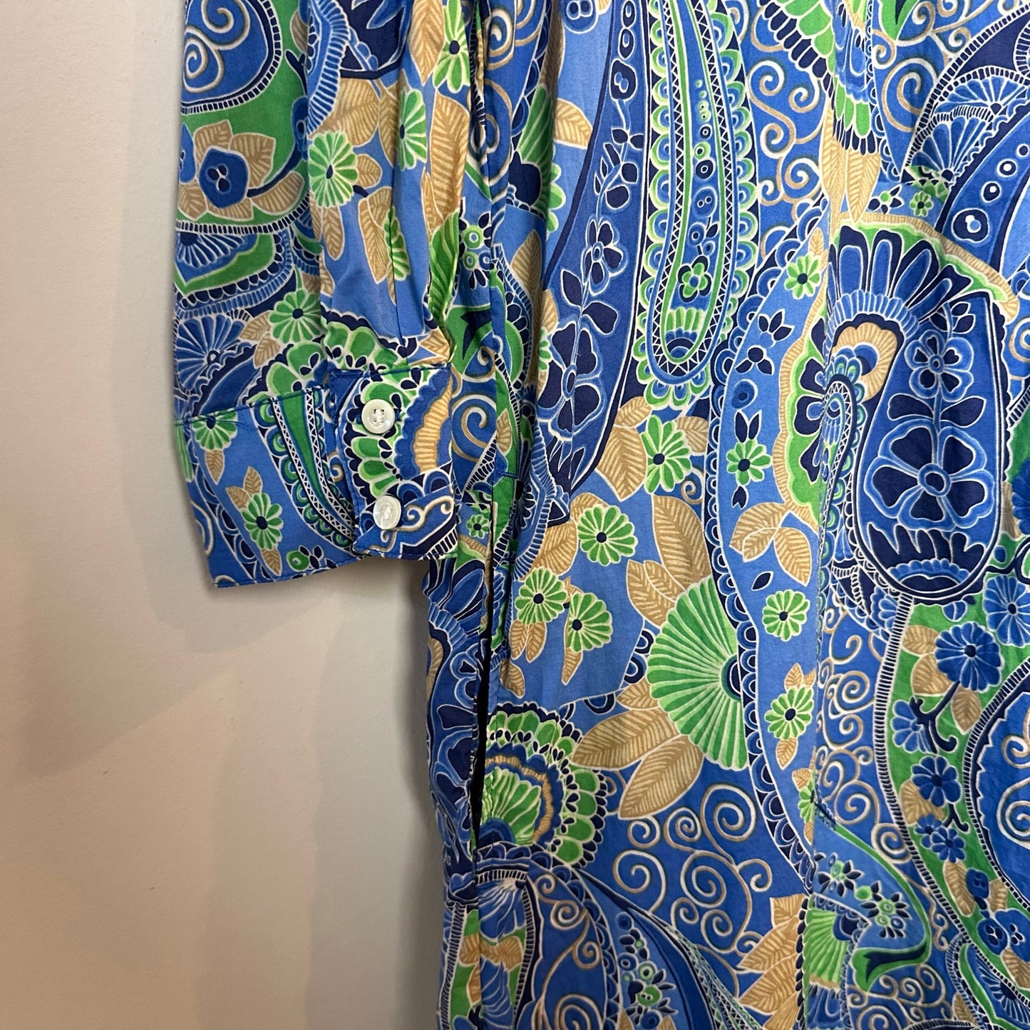 J.Mclaughlin Berlin Midi Dress Shirt Blue Green Paisley Cotton Pop Over Shift S