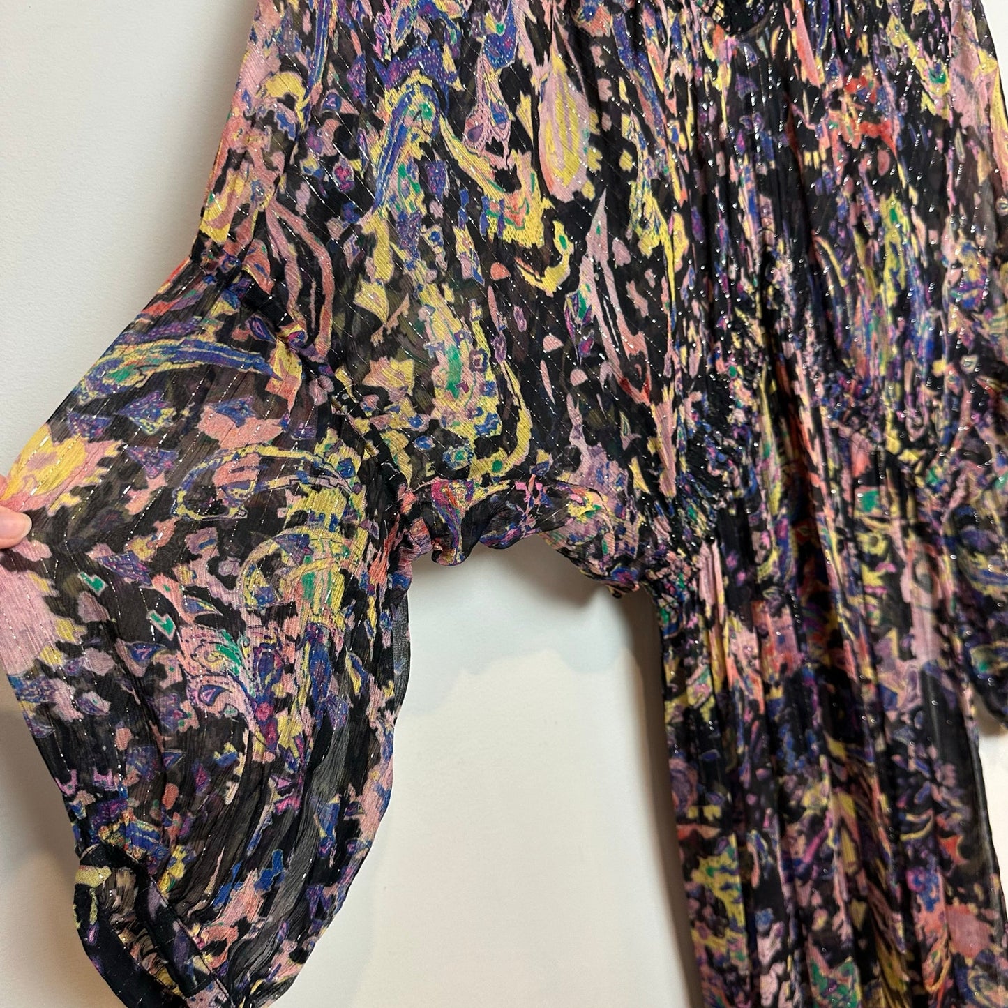 IRO Paris Ramona Dress Ruffle Trimmed Metallic Printed Chiffon Midi 40