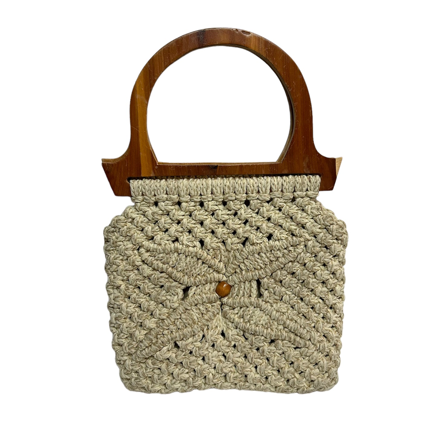 Vintage 70s Macrame Purse Wooden Top Handle Bag