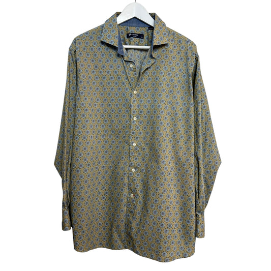 Cremieux Long Sleeve Button Up Collared Dress Shirt Retro Patterned Blue Green XL