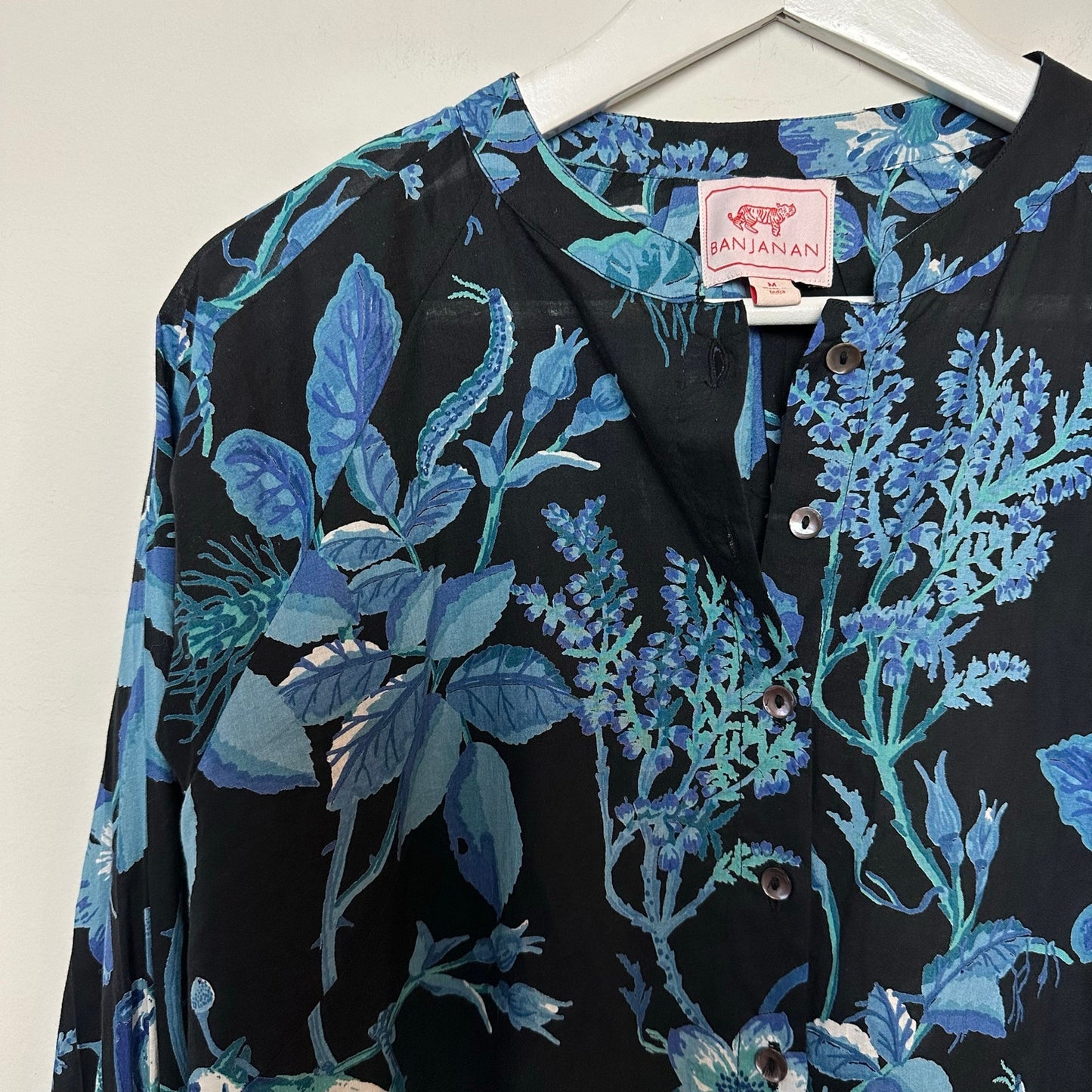 Banjanan Ella Shirt Woden Hedgerow Floral Bird Blouse Long Sleeve Blue Medium