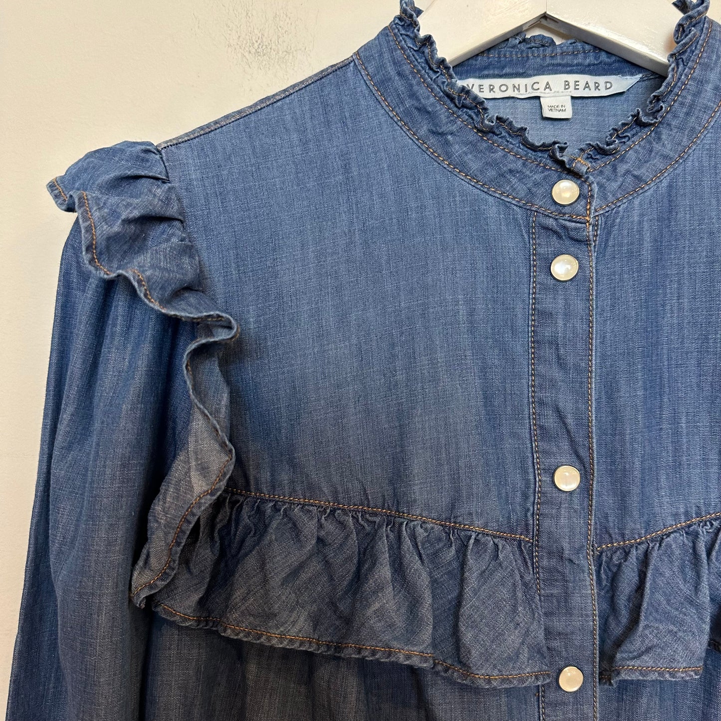 Veronica Beard Tes Chambray Button Down Top Denim Jean Blue Ruffle Western 4