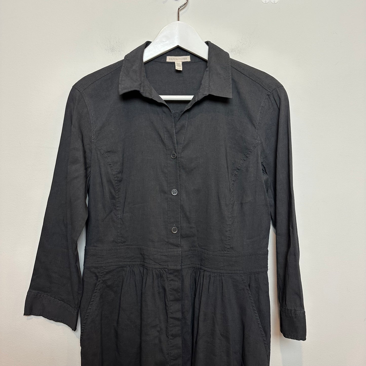 Eileen Fisher Shirtdress Button Down Collared Dress Charcoal Gray 3/4 Sleeve XS