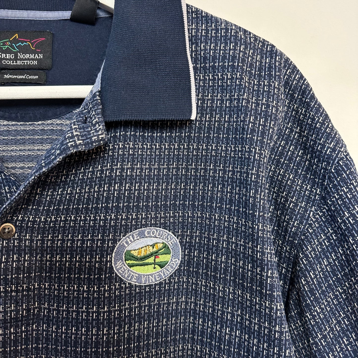 Retro Greg Normal Golf Polo Navy Blue Geometric Pattern Wente Vineyards Cotton XL