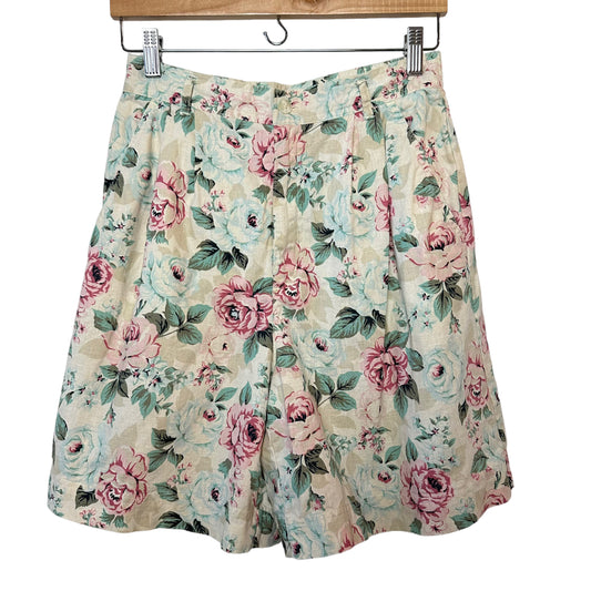 Vintage 80s 90s Leslie Fay Sport High Rise Floral Trouser Long Shorts Cotton Linen 8