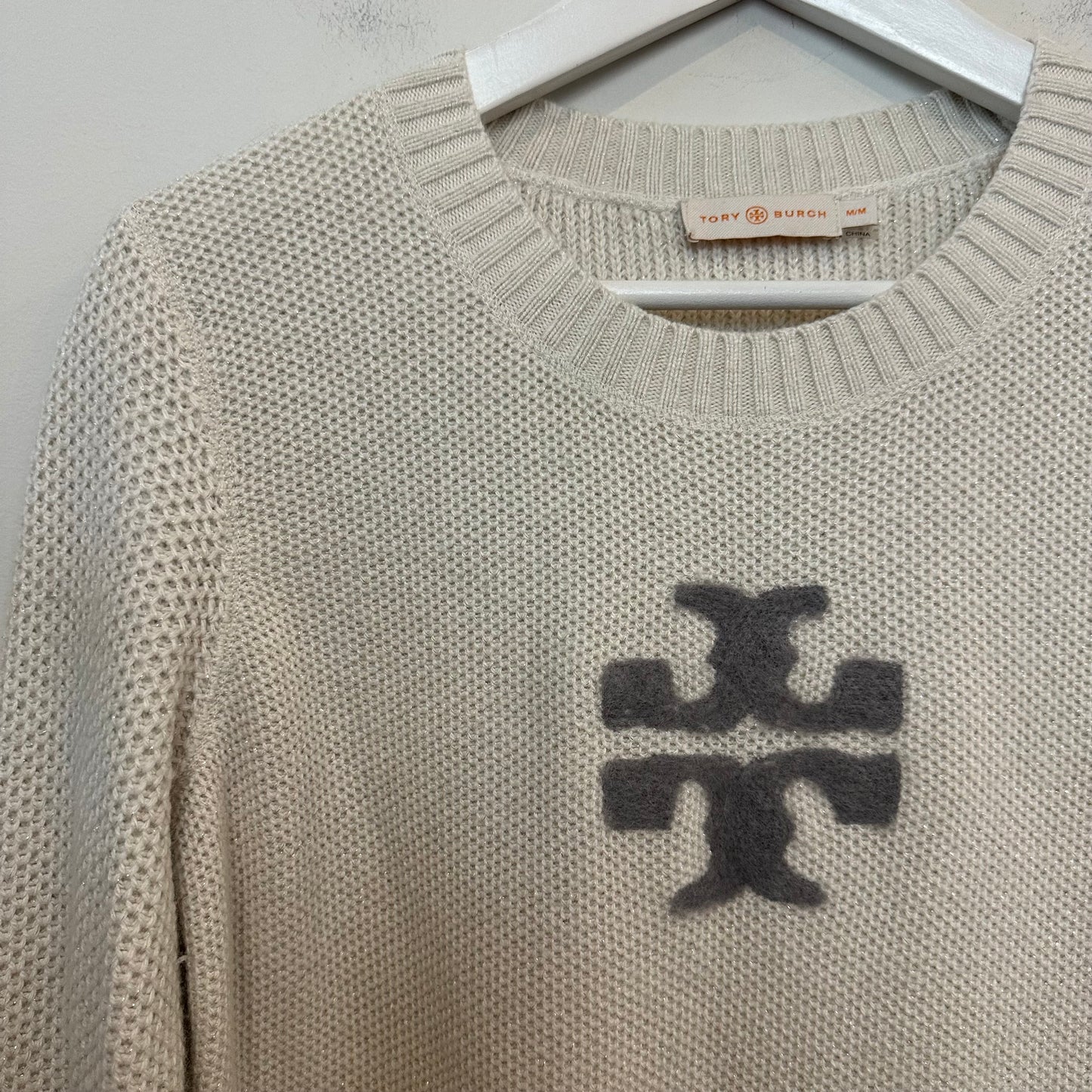 Tory Burch Logo Sweater Crewneck Cream Silver Long Sleeve Knit Medium