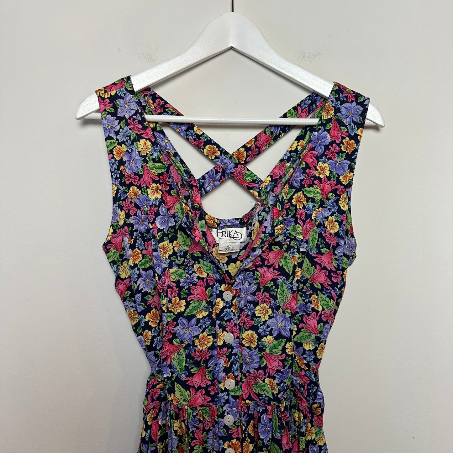 Vintage 80s 90s Erika Floral Midi Dress Cross Back Button Front Rayon Large