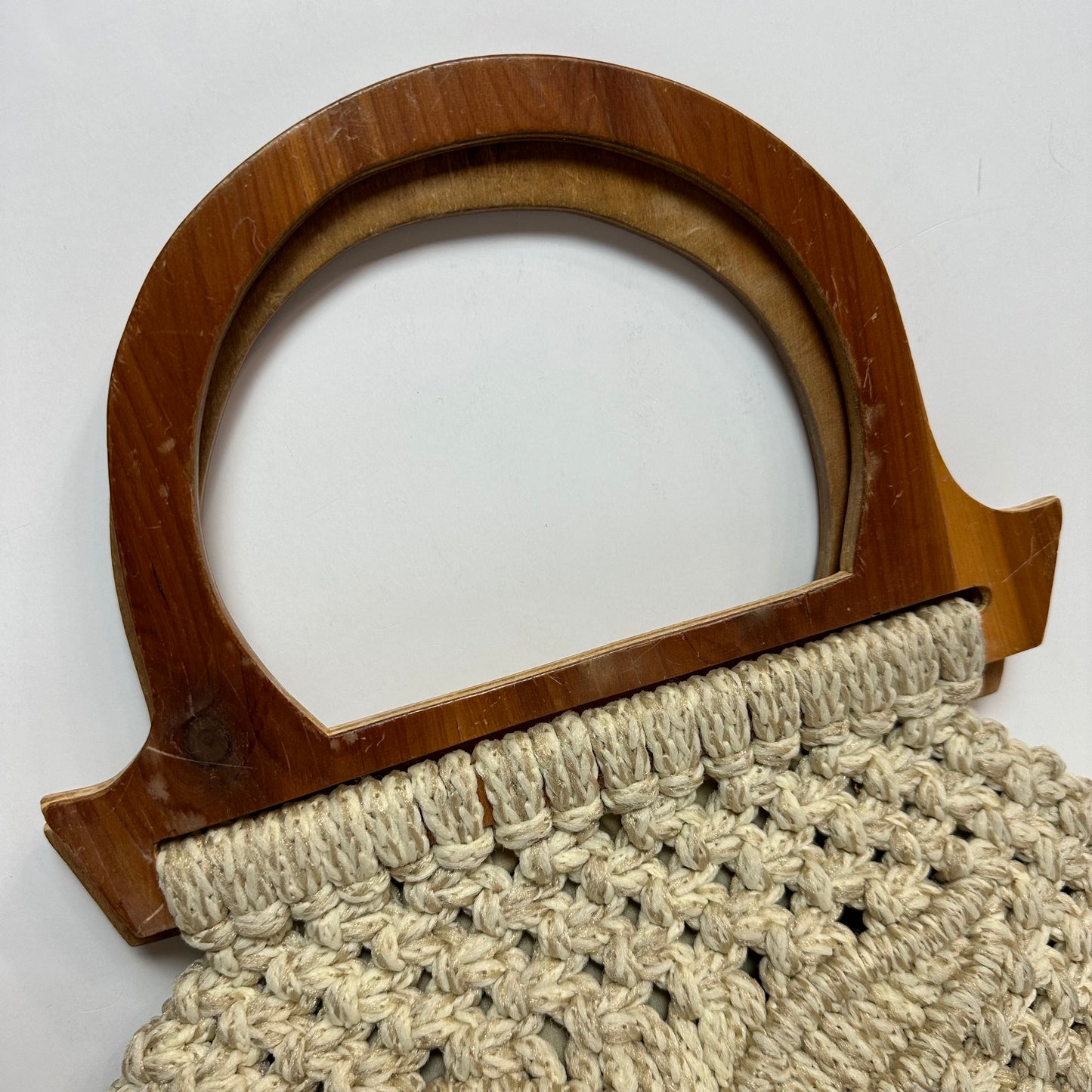 Vintage 70s Macrame Purse Wooden Top Handle Bag