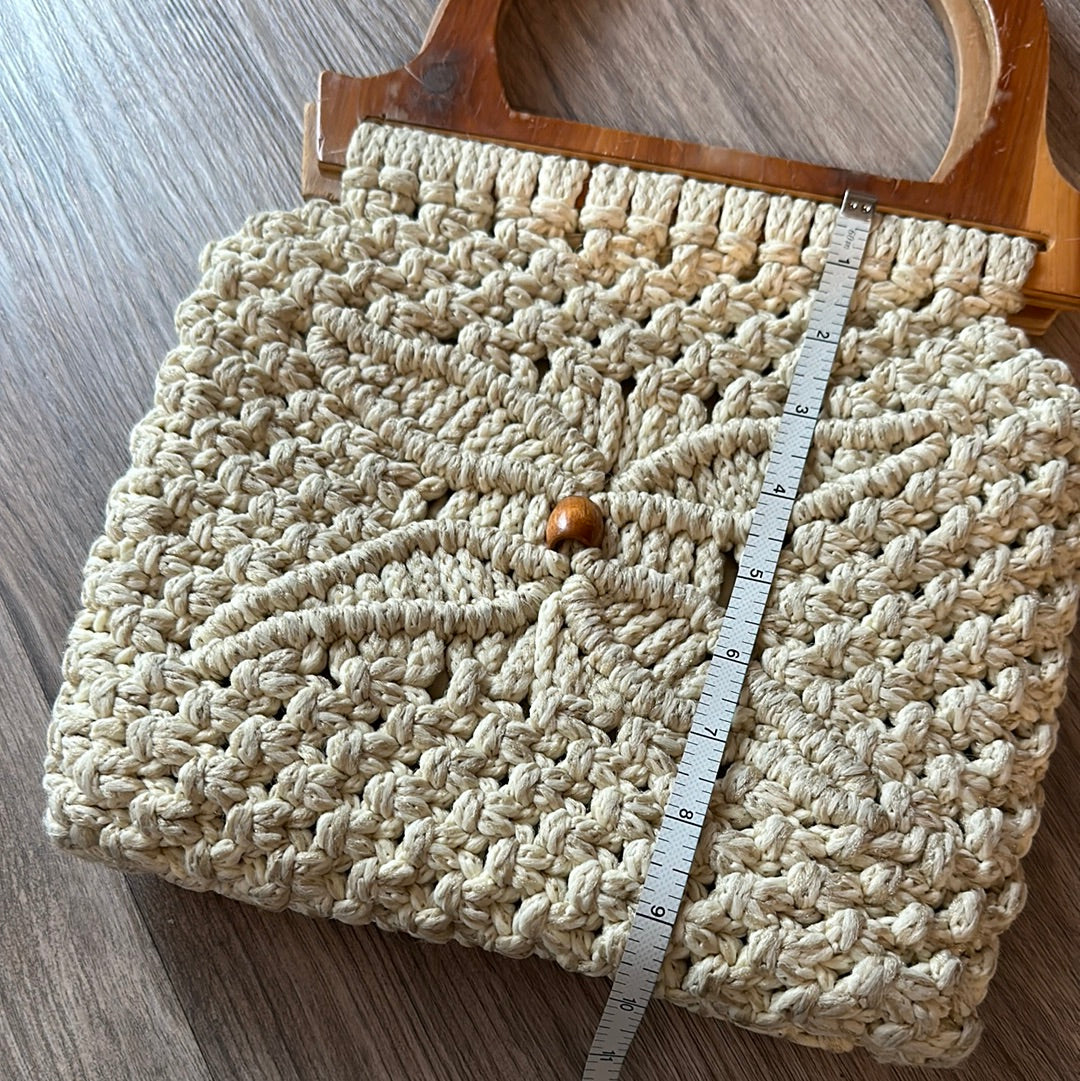 Vintage 70s Macrame Purse Wooden Top Handle Bag