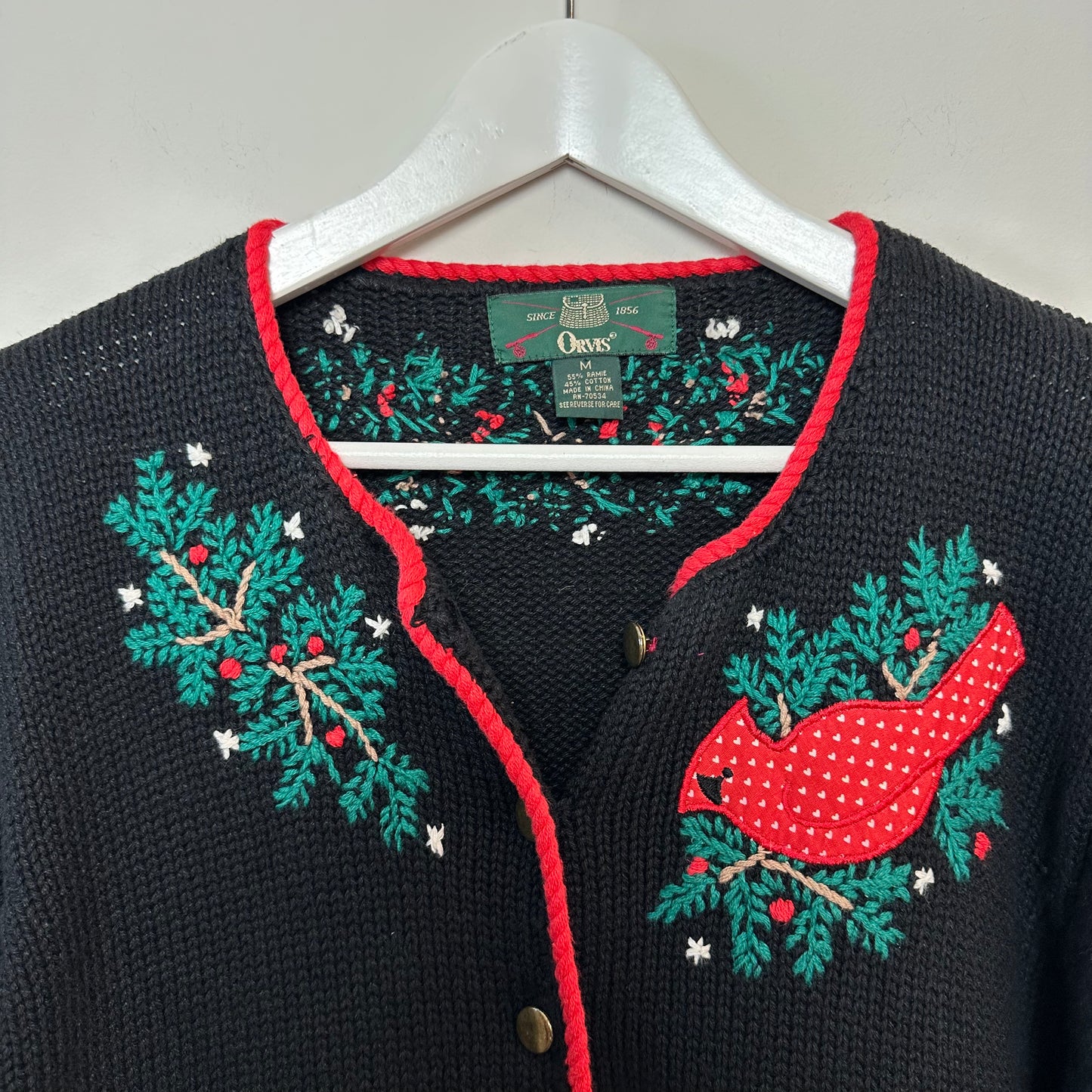 Vintage 90s Orvis Christmas Cardigan Sweater Cardinal and Holly Chunky Knit Medium
