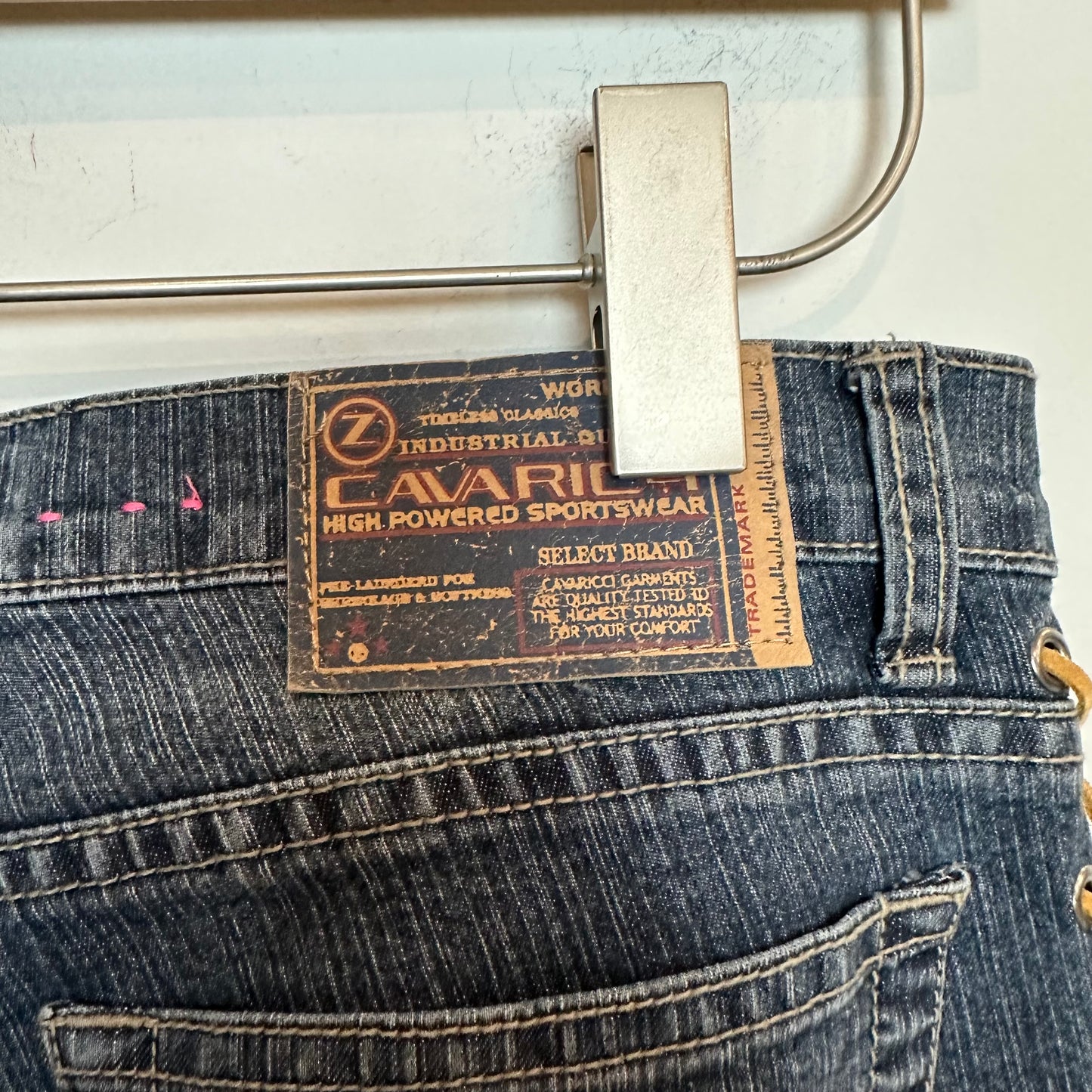 Y2K 2000s Vintage Cavaricci Suede Fringe Denim Jeans Low Rise Bootcut Flare Dark Wash 9