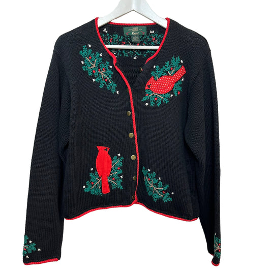 Vintage 90s Orvis Christmas Cardigan Sweater Cardinal and Holly Chunky Knit Medium