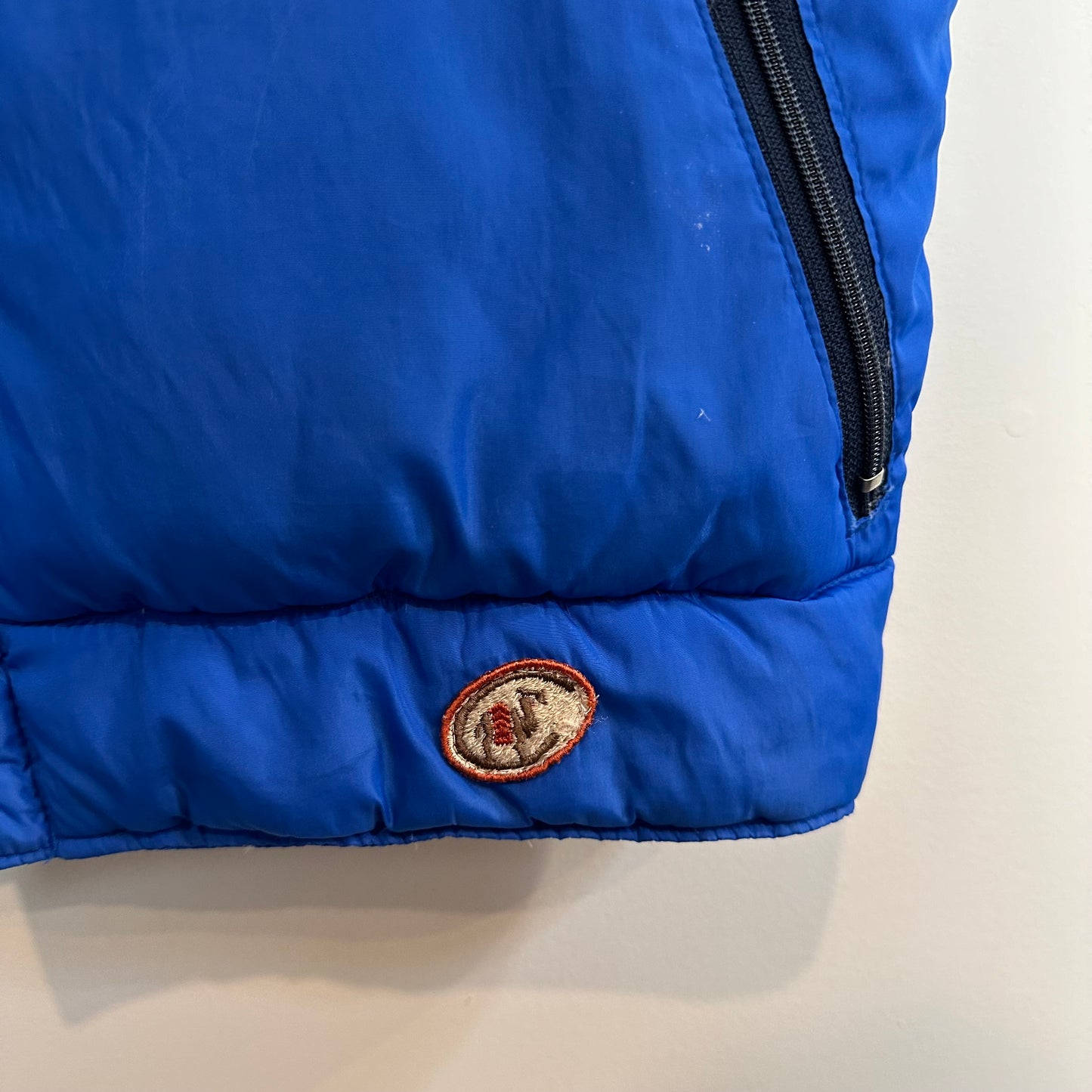 Vintage 70s Camel Goose Down Puffer Vest Goose Feathers Blue Striped Orange Large