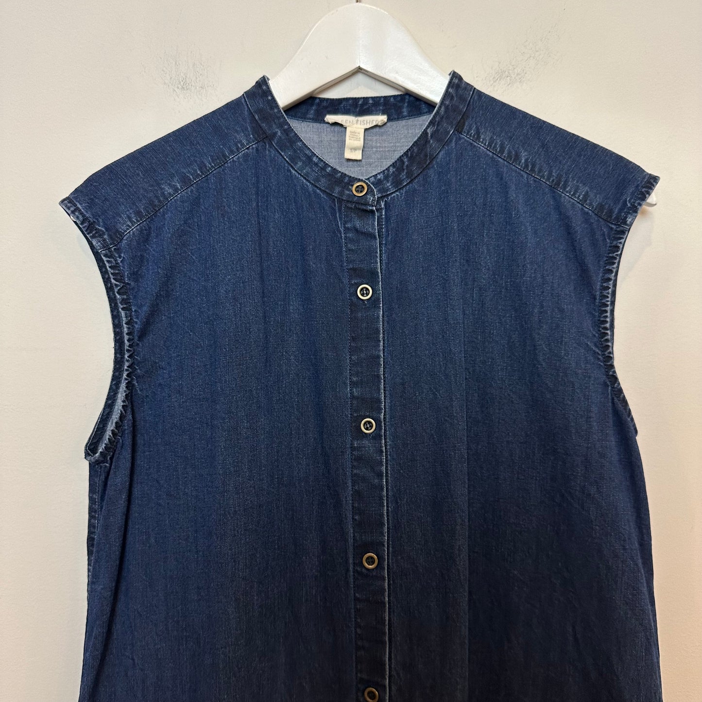 Eileen Fisher Mandarin Collar Denim Dress Chambray Sleeveless Blue Small