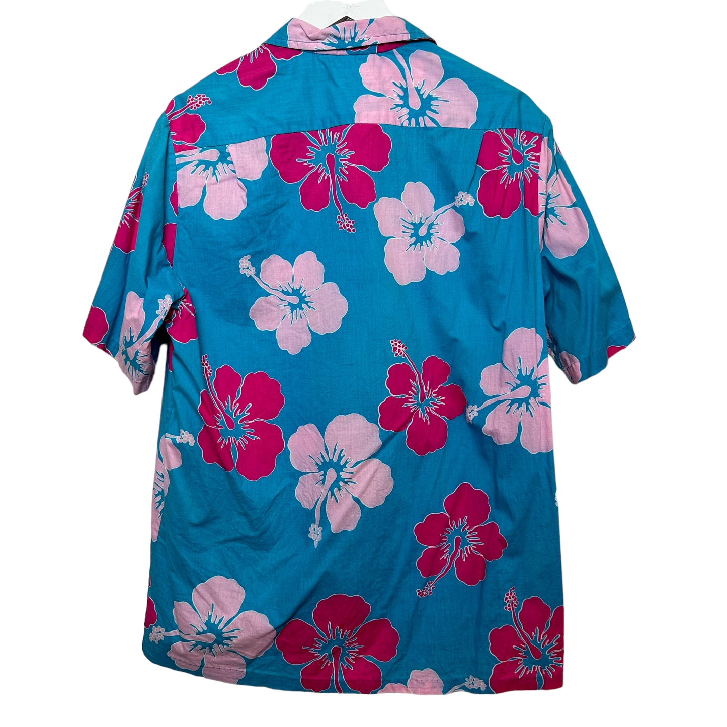 Vintage Resort Line Hawaii Shirt Floral Pink Blue Tropical Short Sleeve Button Up