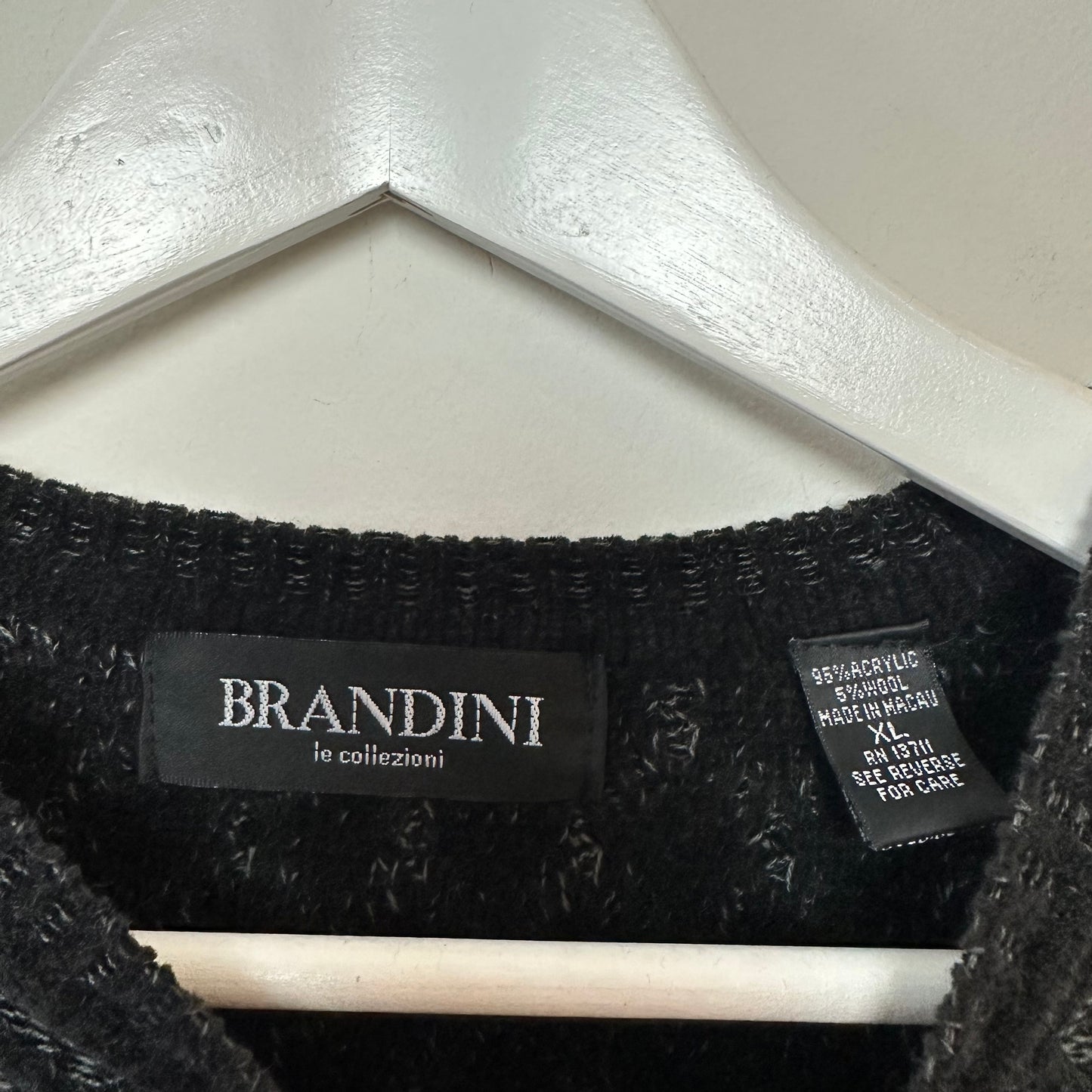 Vintage 90s Brandini Chunky Knit Grandpa Sweater Black Grey Crewneck XL