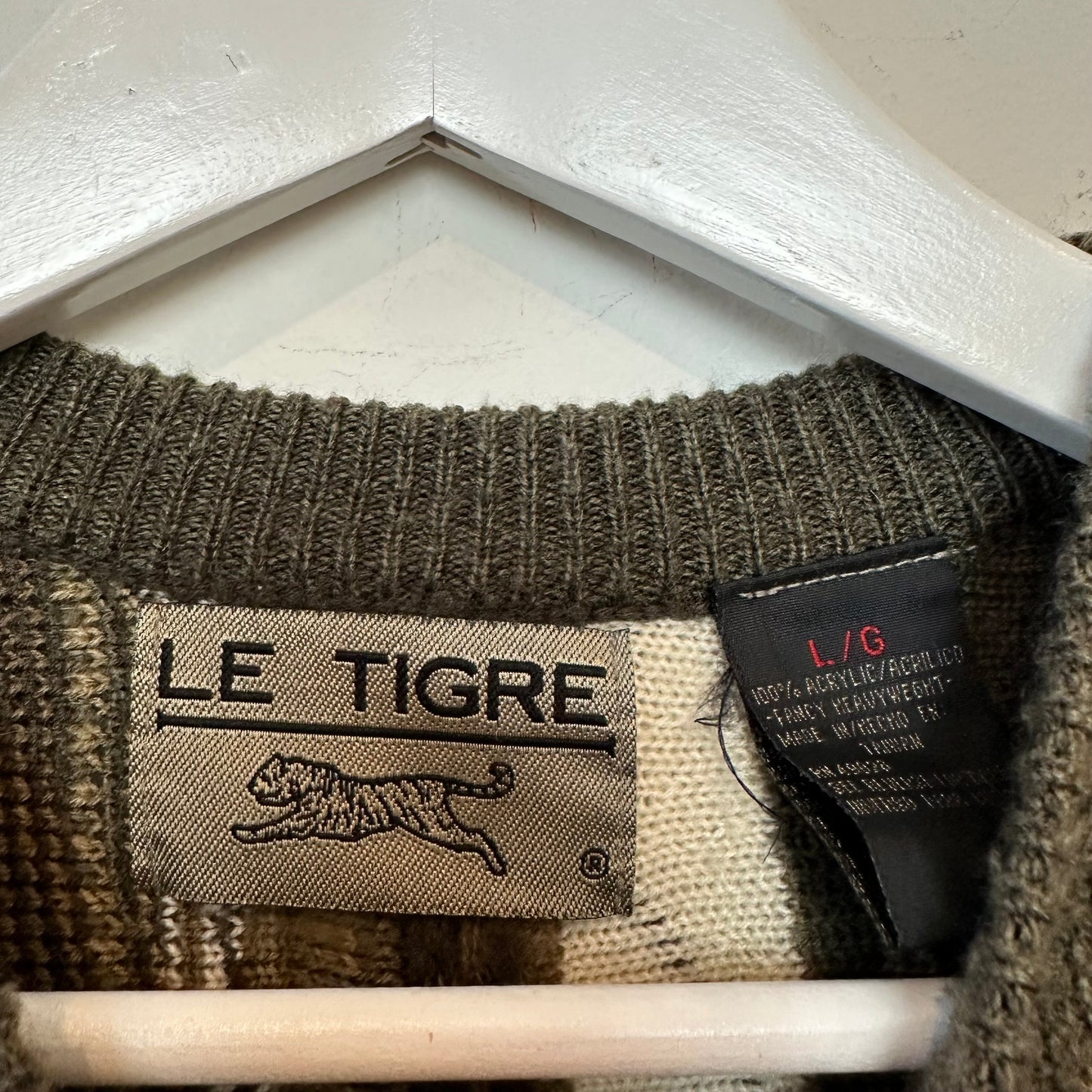 Vintage 90s Le Tigre Sweater Coogi Style Neutral Geometric Acrylic Crewneck Large